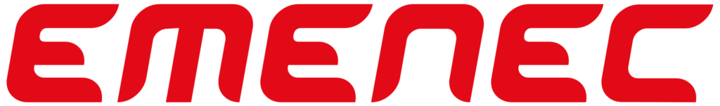 Red stylized text reading "emenec".